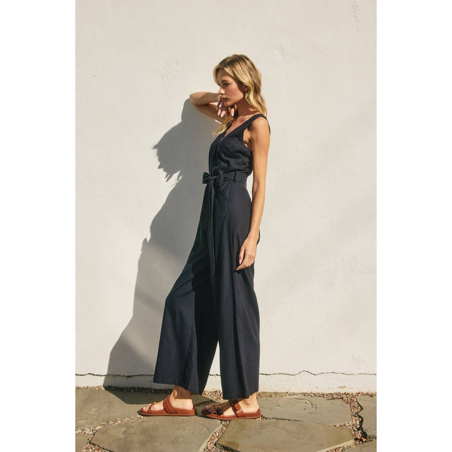 Heaven Sent Button Down Sash Belt Jumpsuit: NAVY / S-M-L(2-2-2)