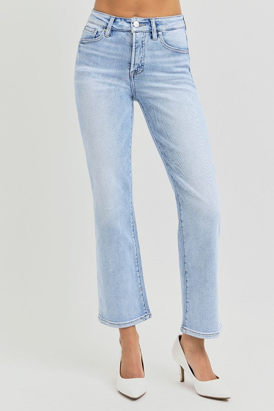 RISEN Tummy Control High Rise Light Wash Crop Straight Jeans