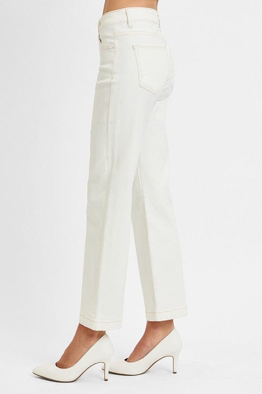 RISEN Cream Tummy Control Mid Rise Ankle Straight Jeans