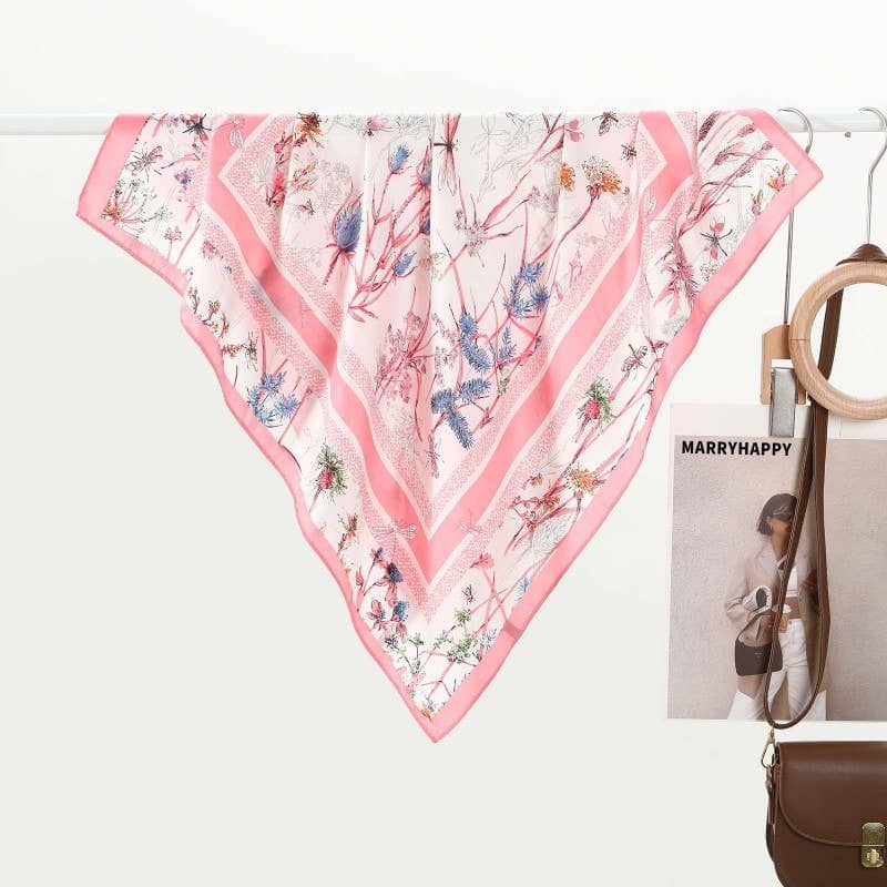Large Silky Floral Print Bandana Scarf – 27" Square Luxury Fashion Wrap