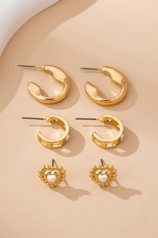 Pearl Heart & Rhinestone Huggie Hoop Trio Earring
