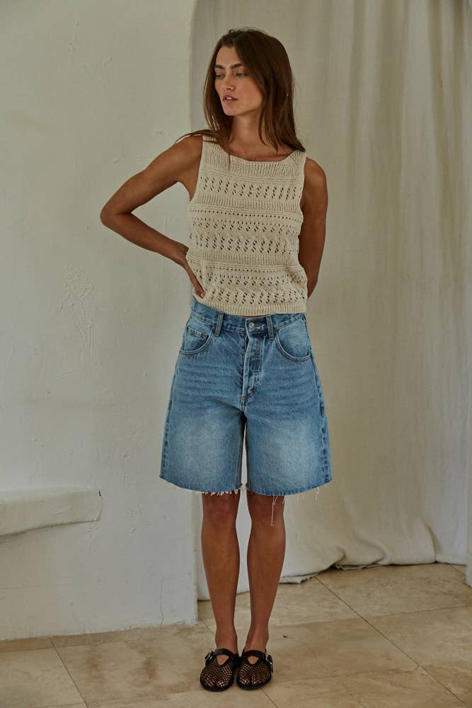 W1961 | Knit Sweater Polyester See Through Sleeveless Top: Light Taupe / S