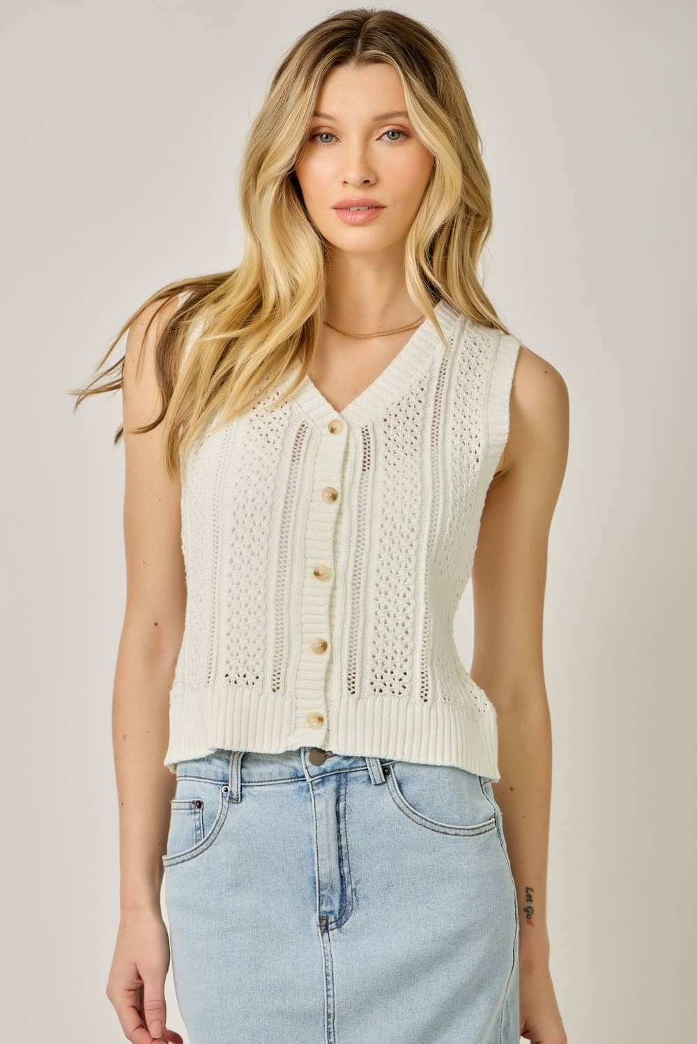 71168 Pointelle Knitted Button Up Vest: Off White / Medium