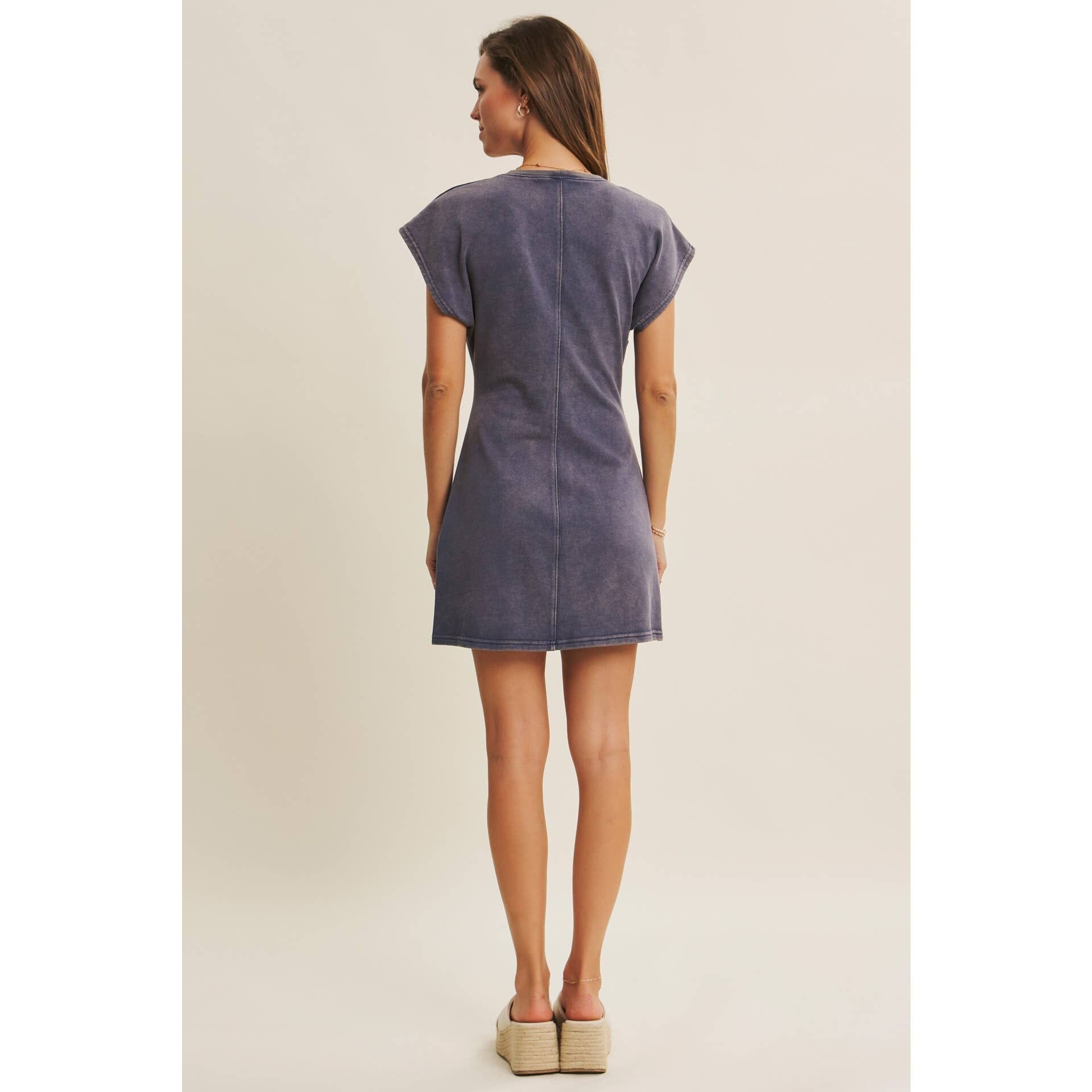 EASYGOING MINERAL-WASHED WAIST TWIST TERRY MINI DRESS: WASHED DENIM / S