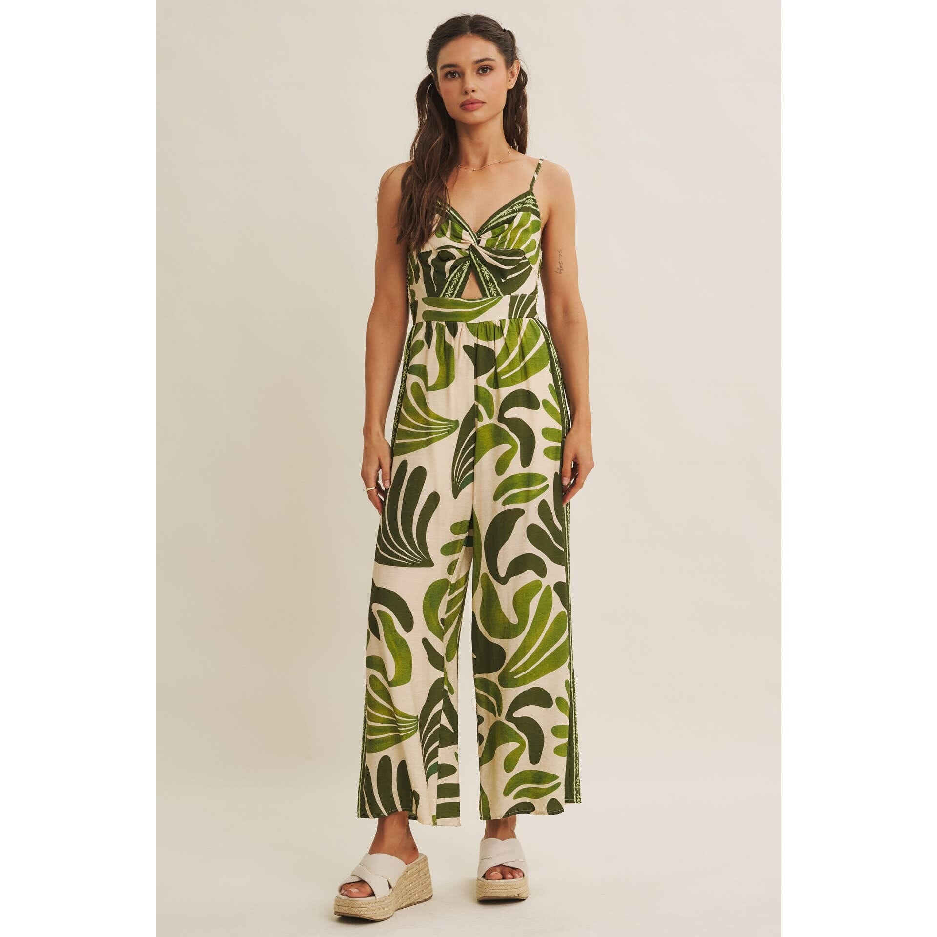 ISLAND BREEZE BORDER PRINT KNOT FRONT WIDE-LEG JUMPSUIT: OLIVE / L