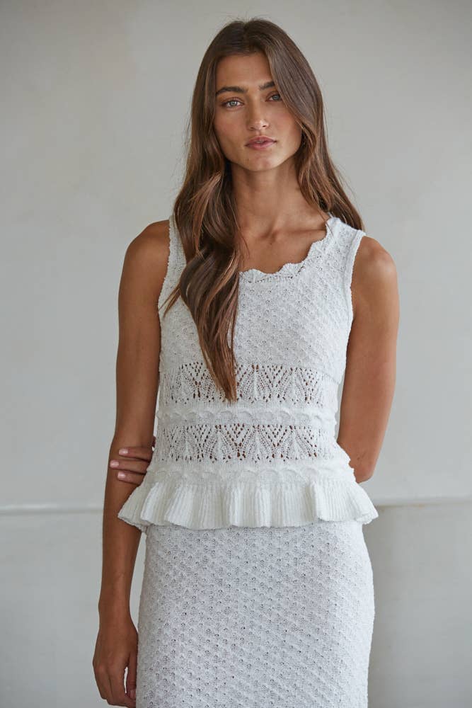 W2389T | Knit Sweater Cotton Acrylic Polyester Crochet Top : White / S
