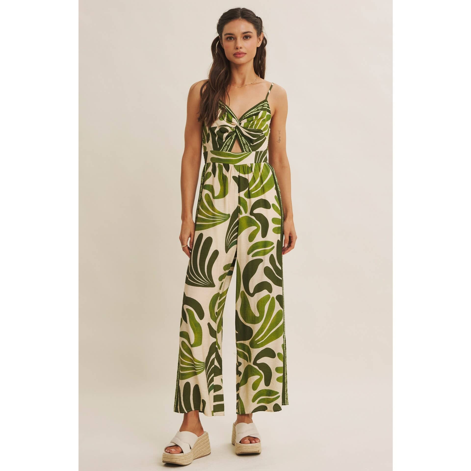 ISLAND BREEZE BORDER PRINT KNOT FRONT WIDE-LEG JUMPSUIT: OLIVE / L