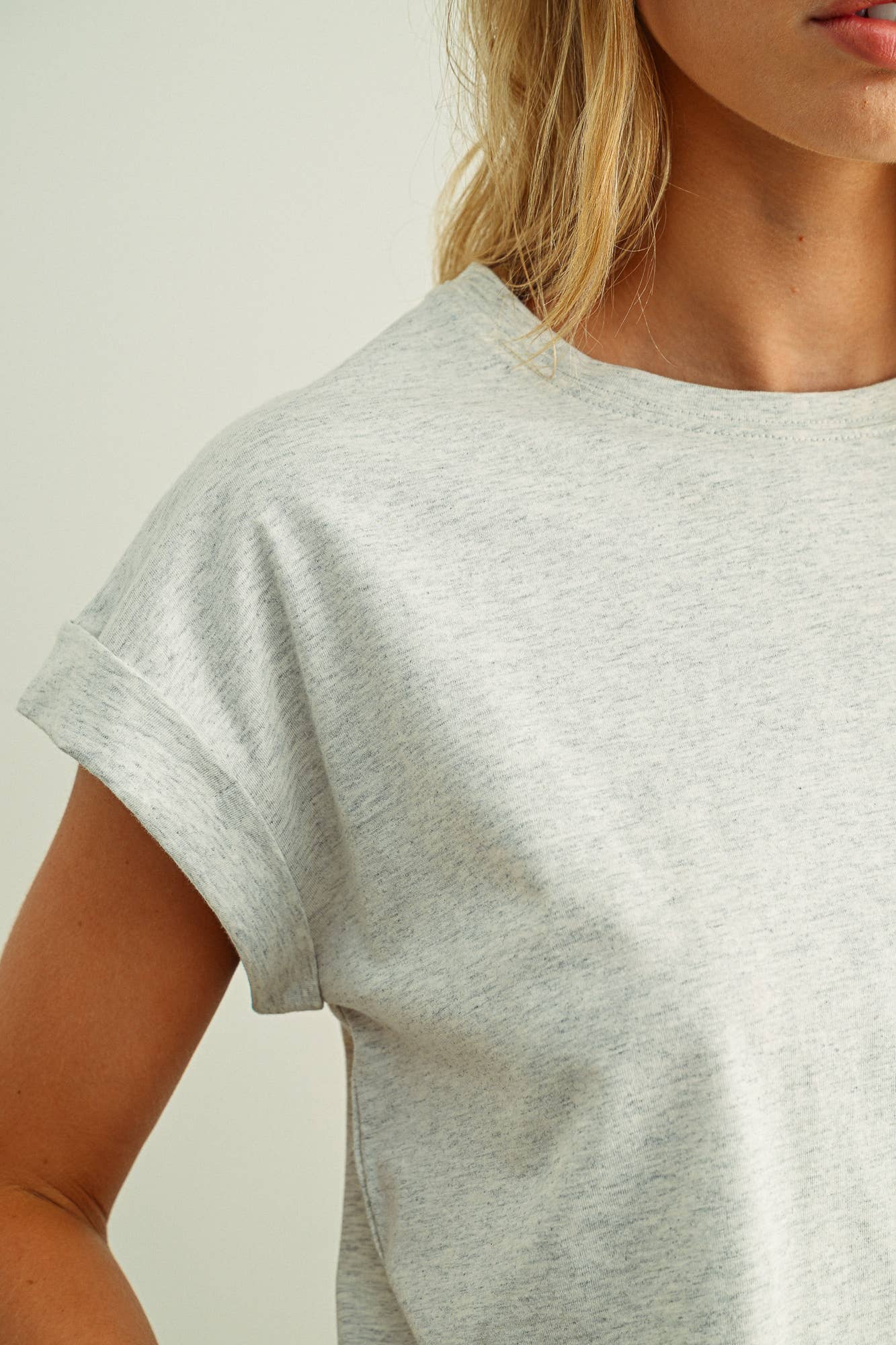 Heather Gray Round Neck Cuffed Sleeve Top