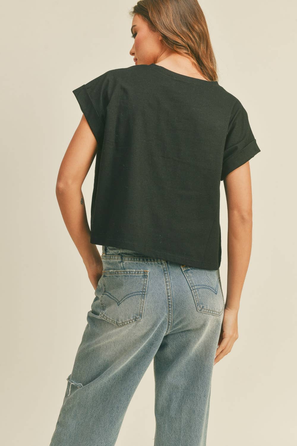 Midnight Cotton Cuffed Sleeve Cropped Top