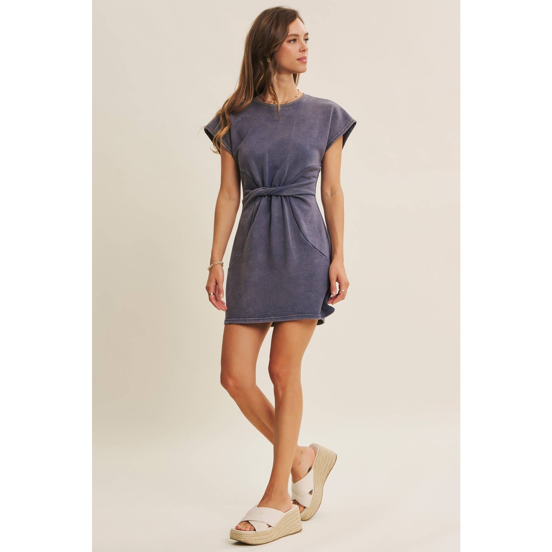 EASYGOING MINERAL-WASHED WAIST TWIST TERRY MINI DRESS: WASHED DENIM / S