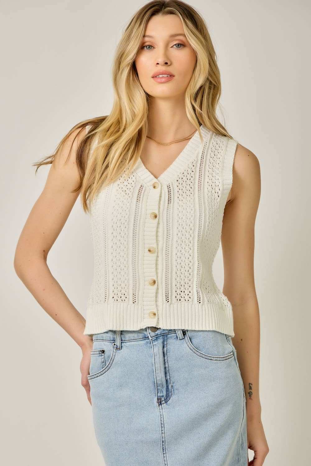 71168 Pointelle Knitted Button Up Vest: Off White / Medium