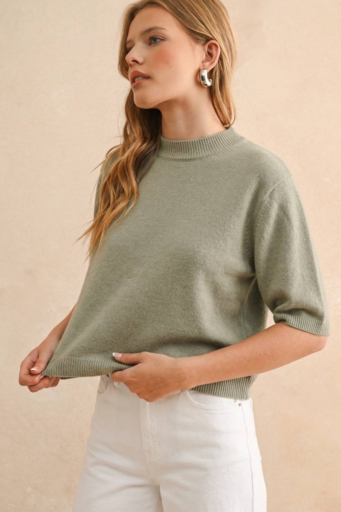 Sage Butter Cropped Short Sleeve Knit Sweater Top