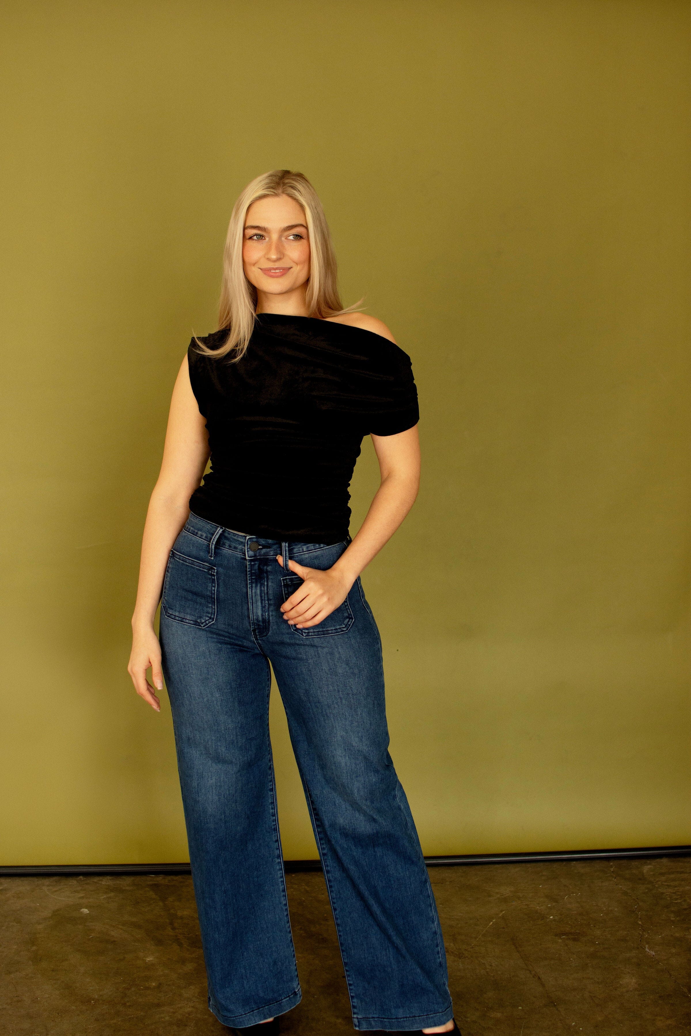JBD Dark Wash Mini Patch Pocket Wide Leg Jeans
