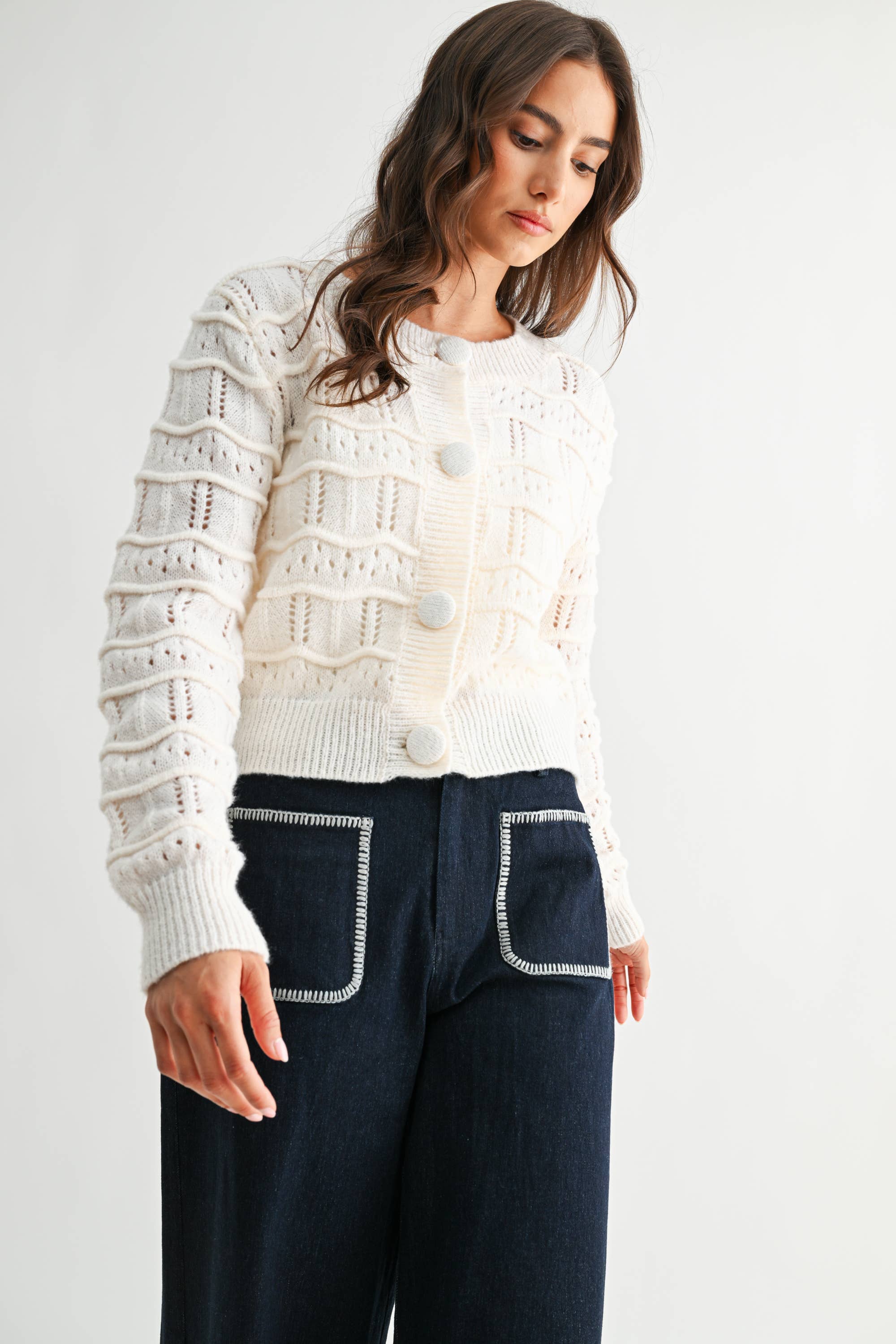 TEXTURED KNIT BUTTON FRONT CARDIGAN - CWT26598: CREAM / S-M-L (3-2-1)