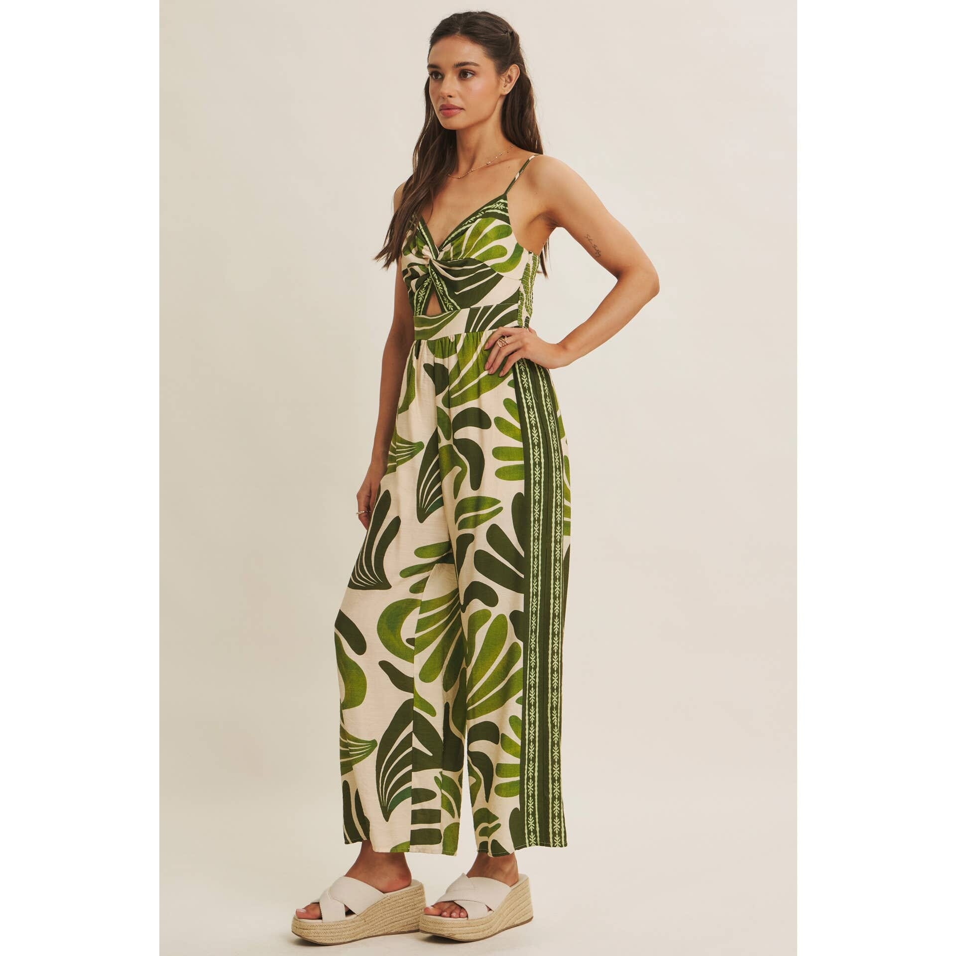 ISLAND BREEZE BORDER PRINT KNOT FRONT WIDE-LEG JUMPSUIT: OLIVE / L