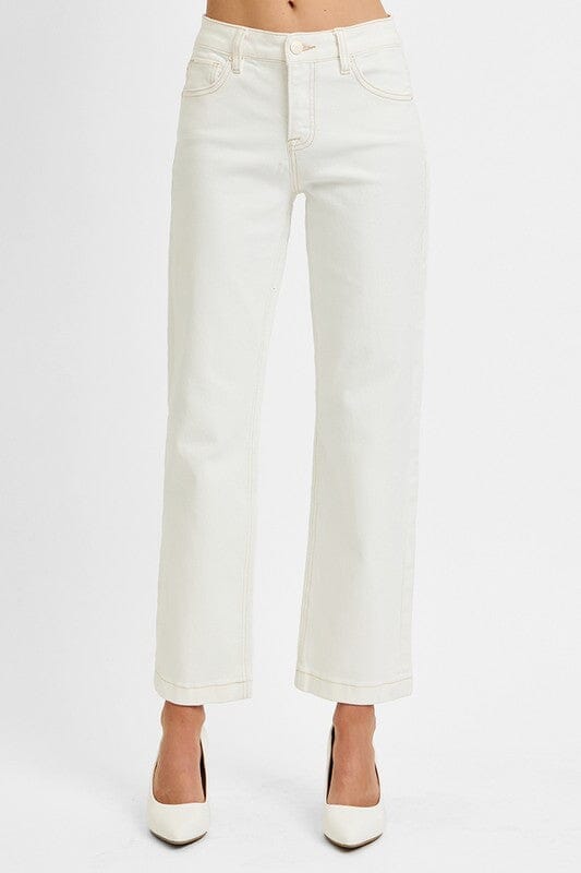RISEN Cream Tummy Control Mid Rise Ankle Straight Jeans