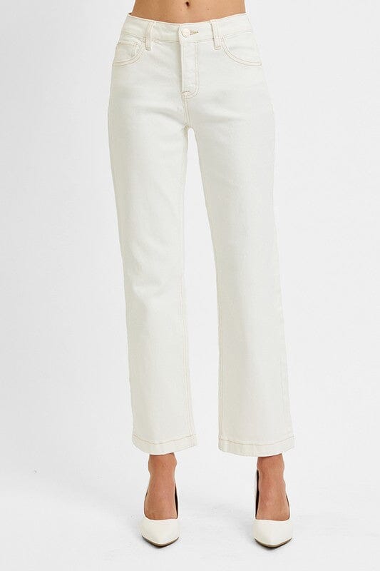 RISEN Cream Tummy Control Mid Rise Ankle Straight Jeans