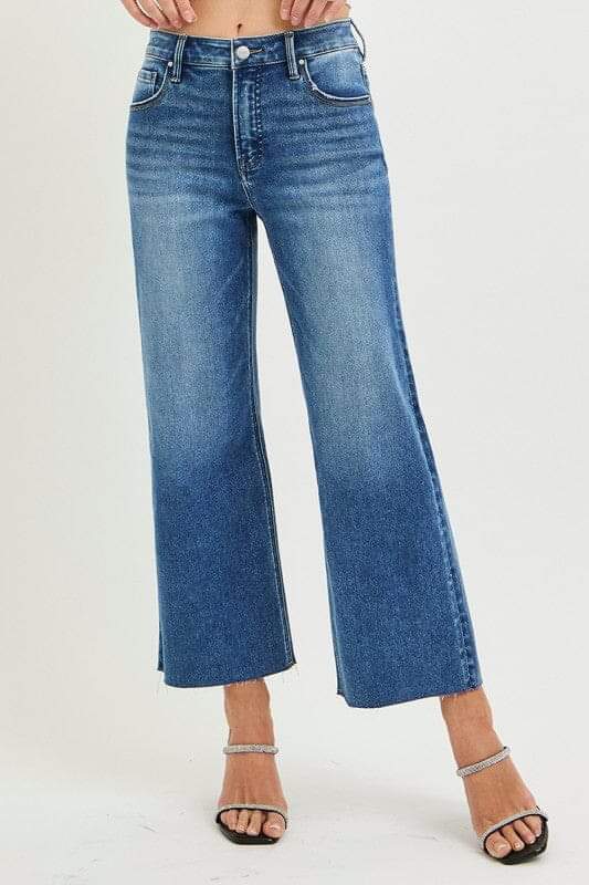 RISEN Tummy Control High Rise Crop Wide Creased Jeans