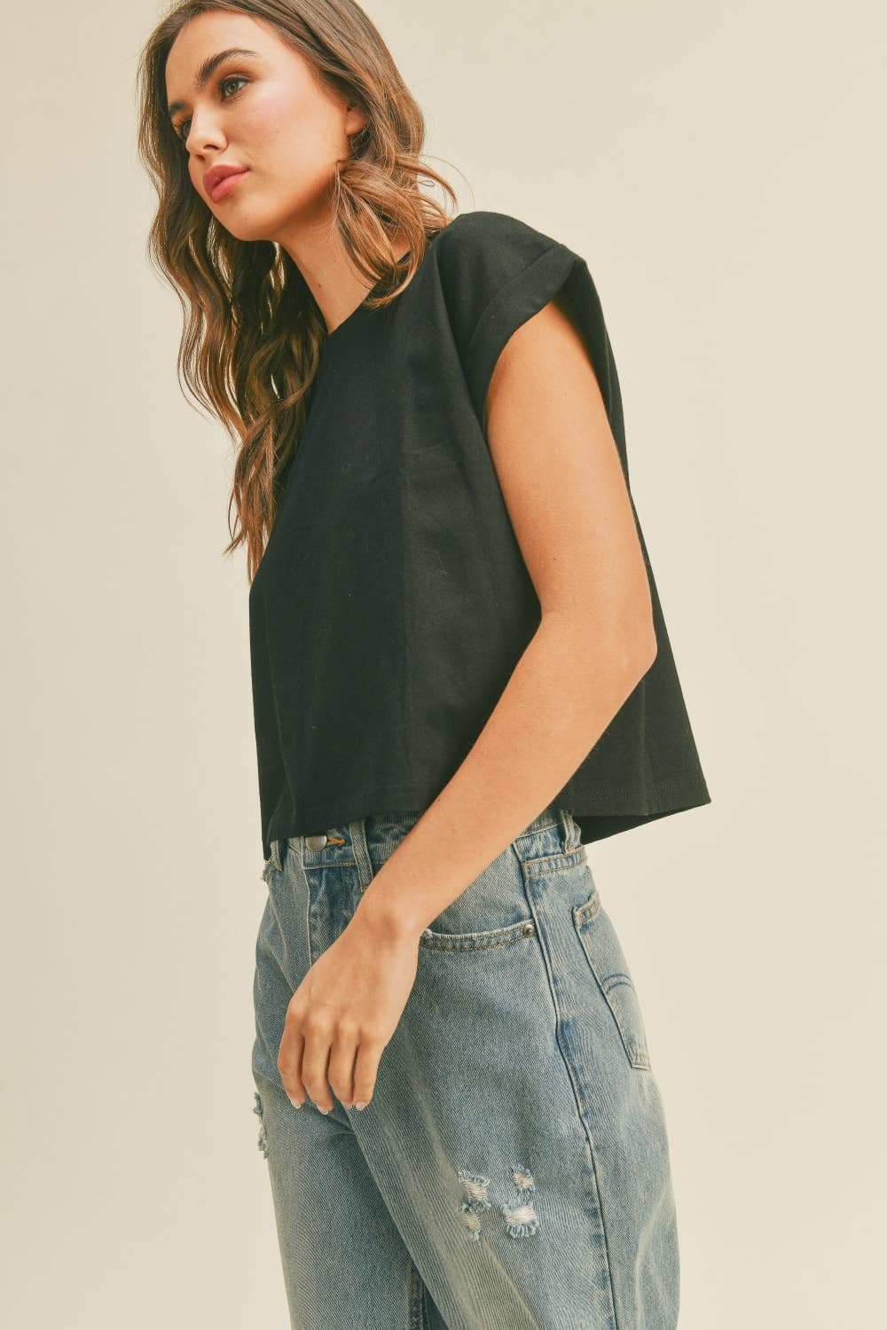 Midnight Cotton Cuffed Sleeve Cropped Top