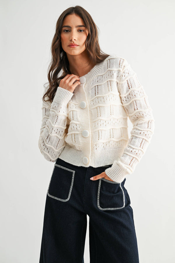 TEXTURED KNIT BUTTON FRONT CARDIGAN - CWT26598: CREAM / S-M-L (3-2-1)