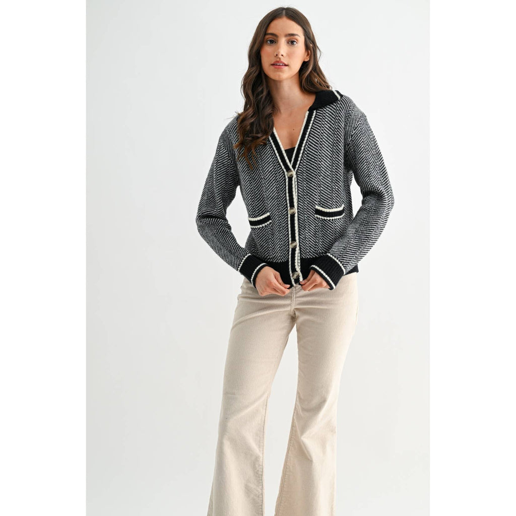 HERRINGBONE KNIT CARDIGAN IN BLACK: BLACK / S-M-L(3-2-1)