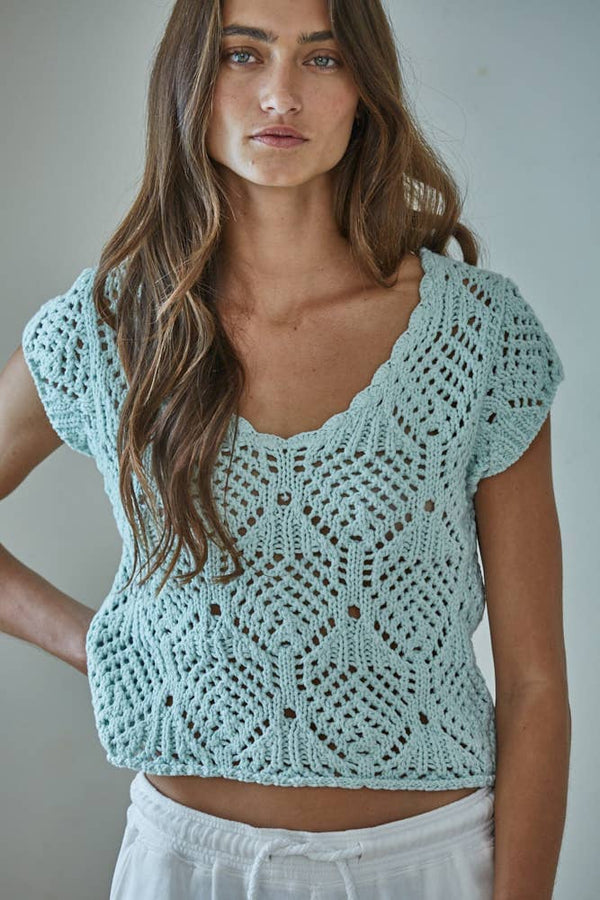 W2030 | Knit Sweater Cotton Crochet V-Neck Cap Sleeve Top: Light Mint / S