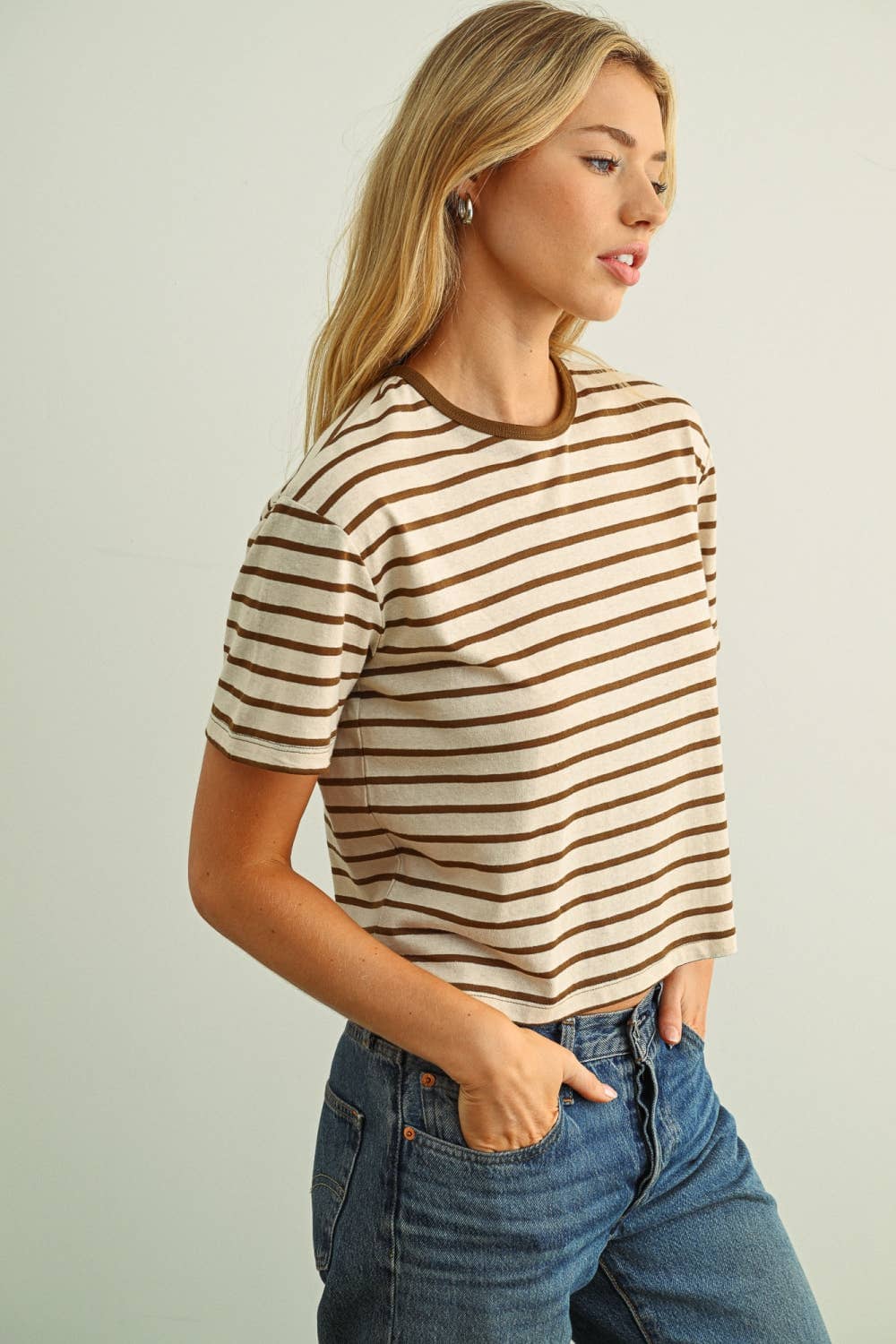 Sienna Brown Striped Linen-Blend Cropped Ringer Tee