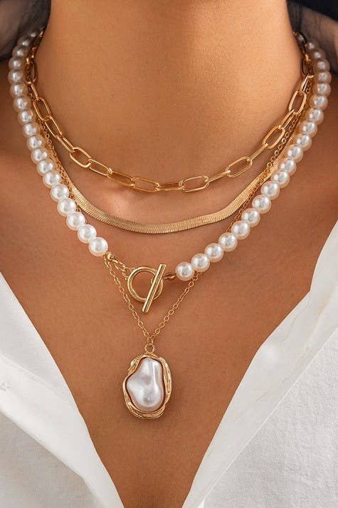 PEARL CHARM MULTILAYER PEARL GOLD MIX NECKLACE | 40NK9458: GOLD