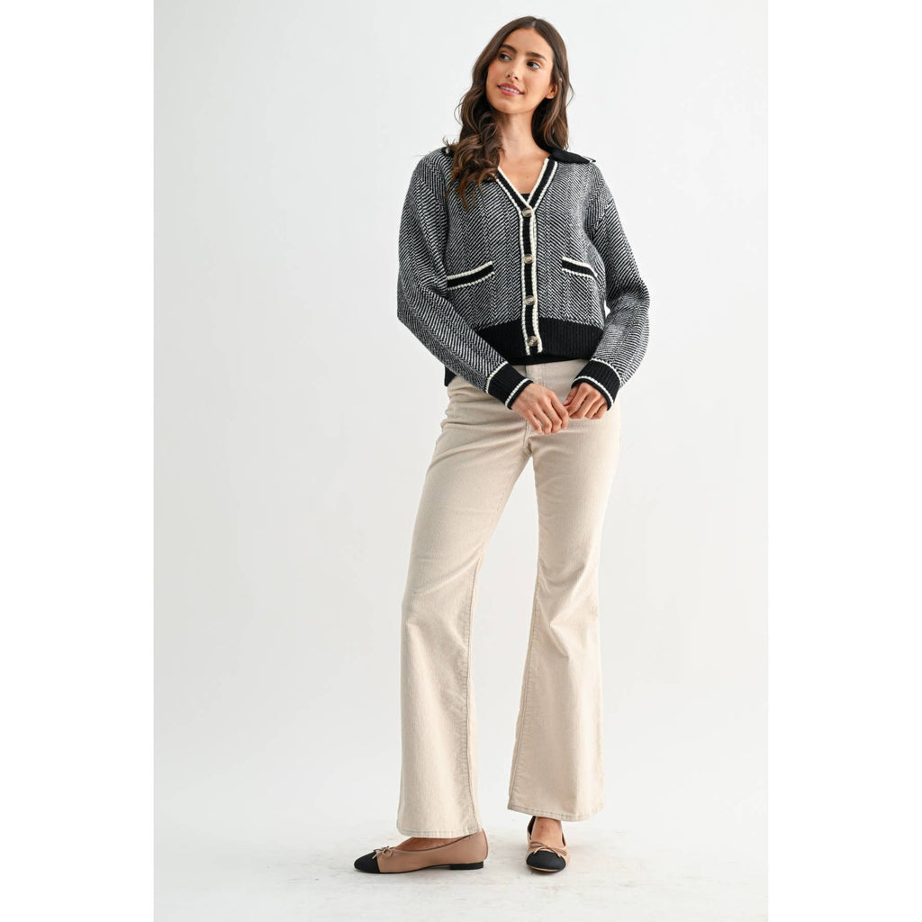 HERRINGBONE KNIT CARDIGAN IN BLACK: BLACK / S-M-L(3-2-1)