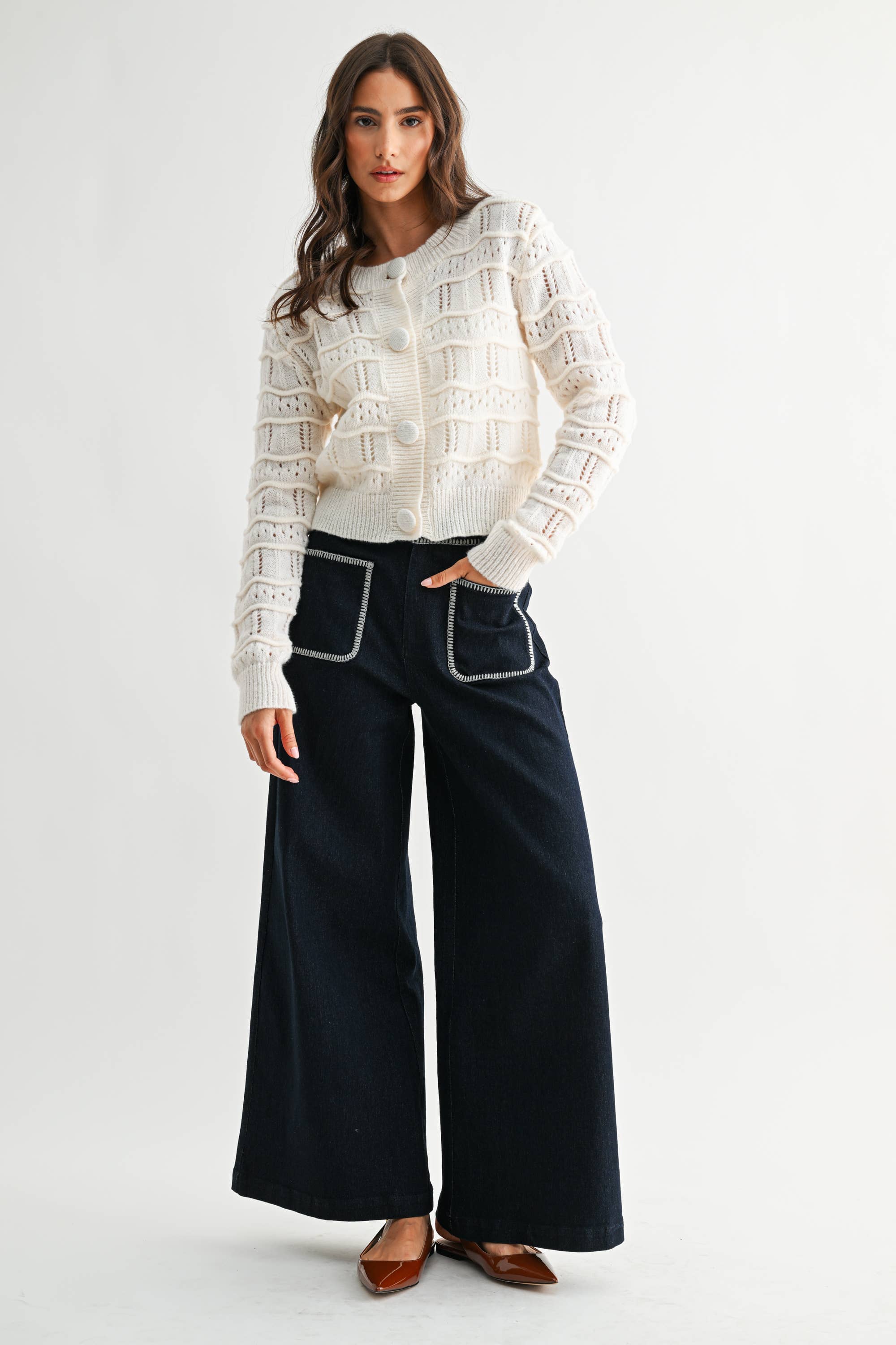 TEXTURED KNIT BUTTON FRONT CARDIGAN - CWT26598: CREAM / S-M-L (3-2-1)