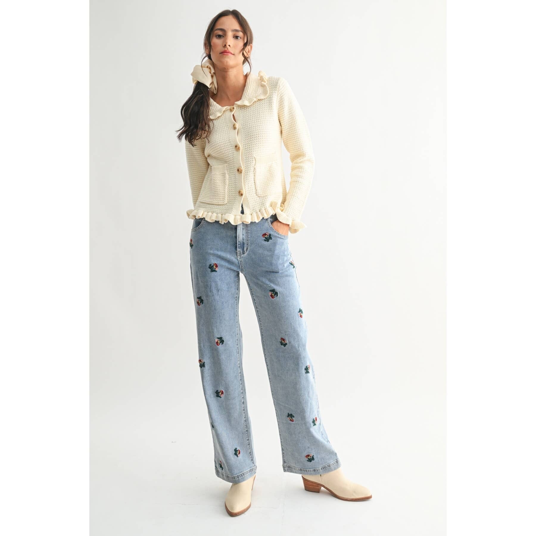RUFFLED KNIT CARDIGAN: IVORY / S-M-L(3-2-1)