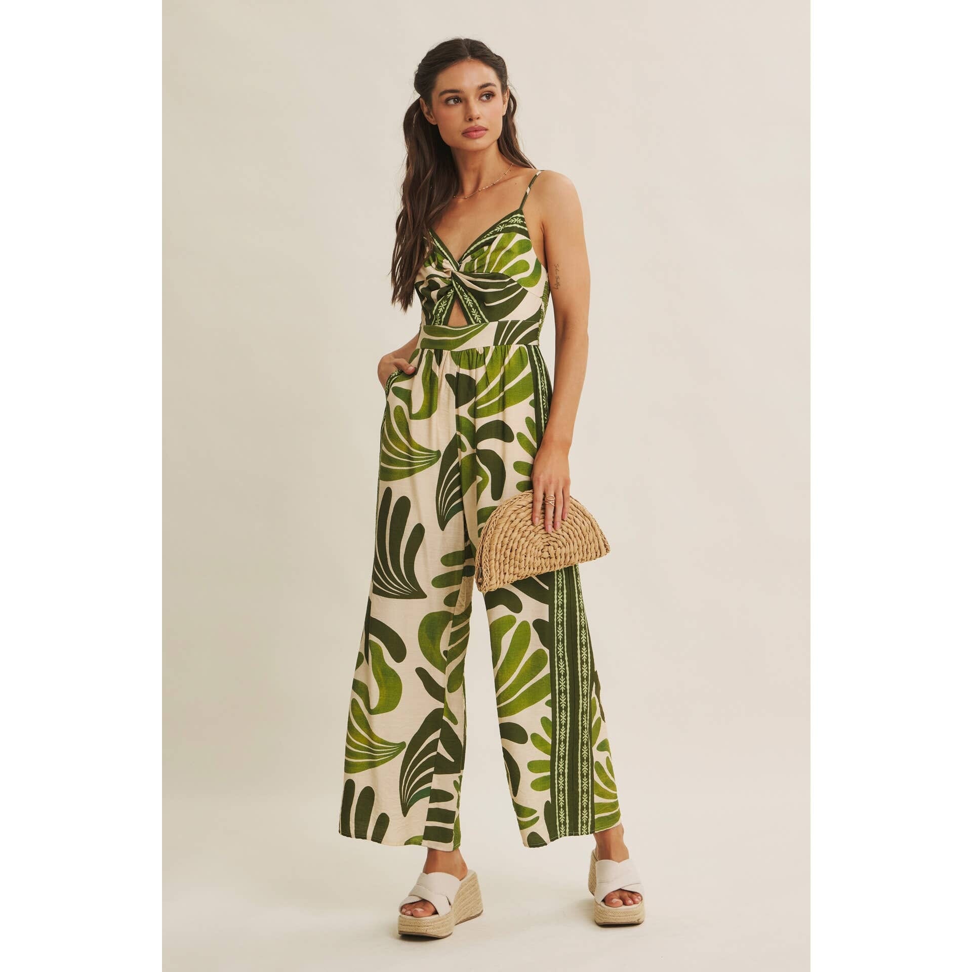 ISLAND BREEZE BORDER PRINT KNOT FRONT WIDE-LEG JUMPSUIT: OLIVE / L