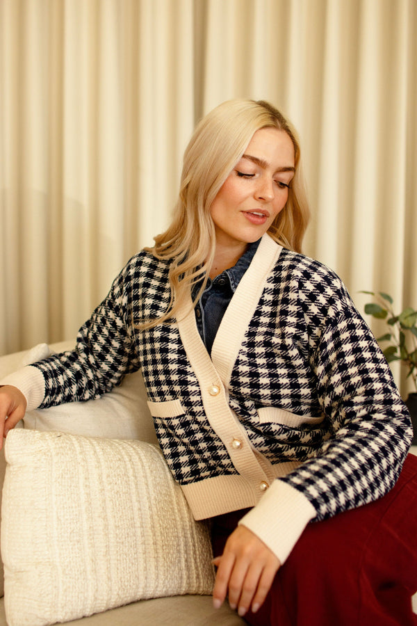 Navy Checkered Pearl Button Cardigan