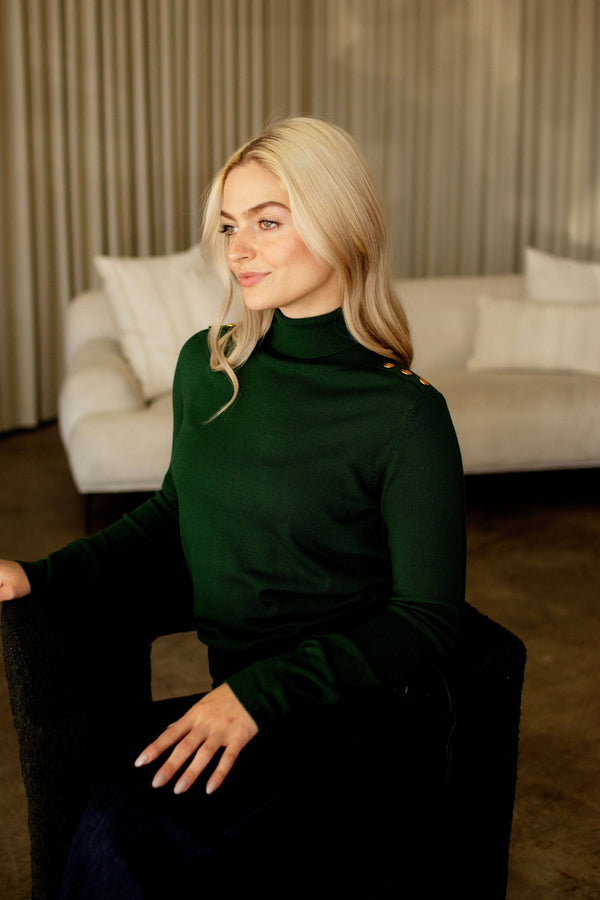Hunter Green Gold Button Detail Turtleneck Top