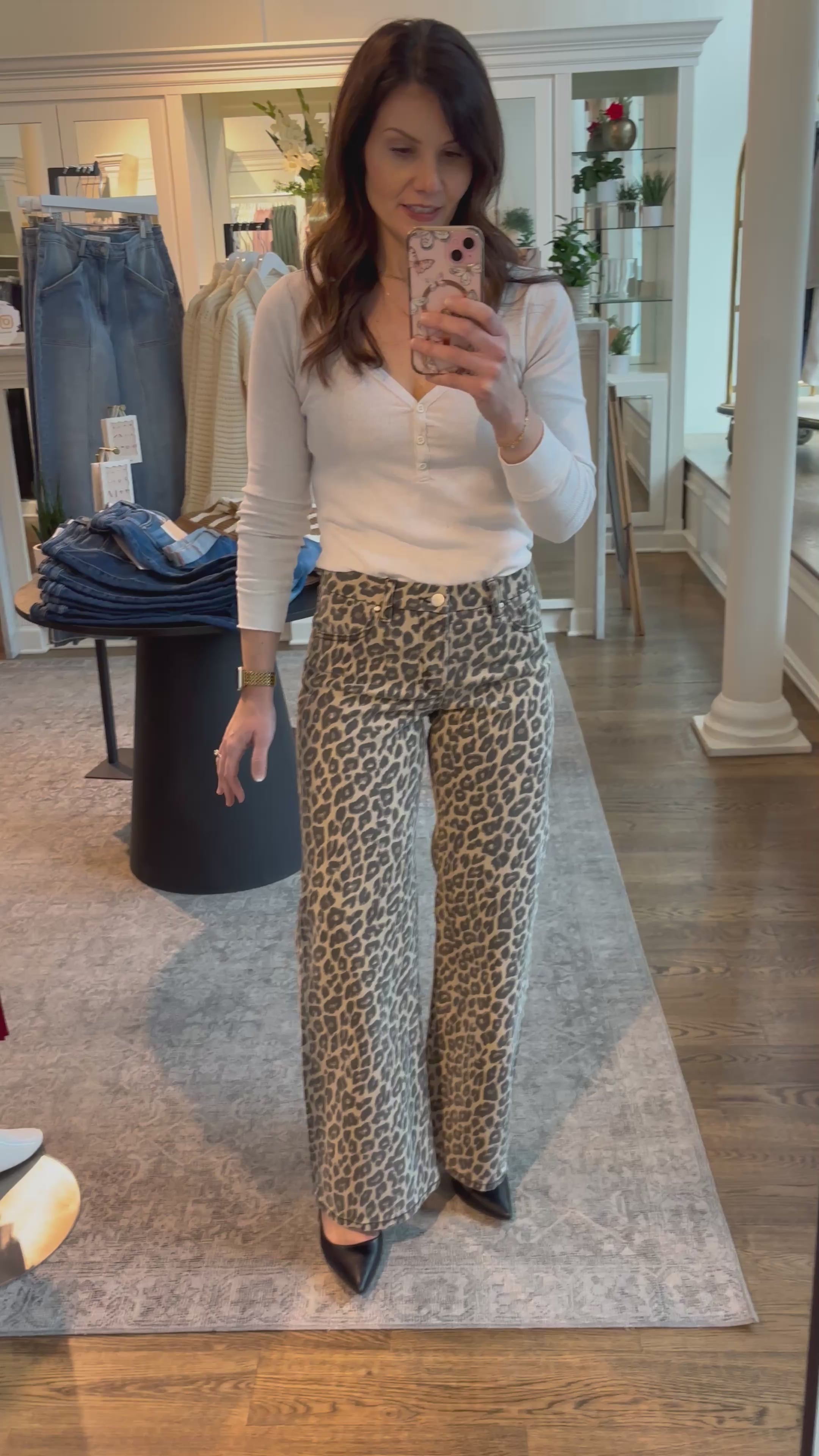 RISEN Mid Rise Leopard Wide Leg Jeans