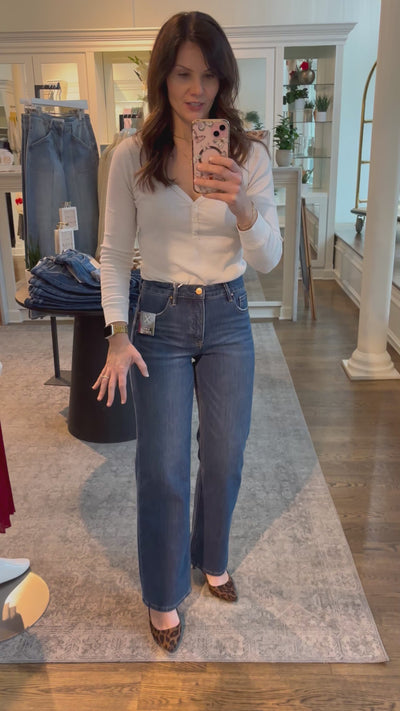 RISEN Dark Wash Tummy Control 4-way Stretch High Rise Straight Leg Jeans
