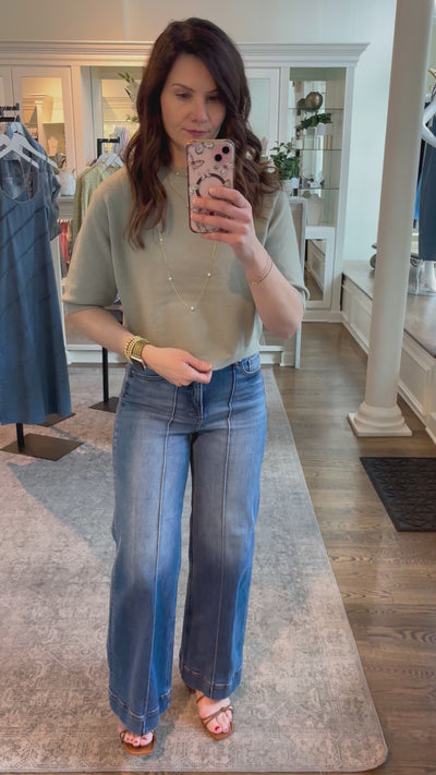 Sage Butter Cropped Short Sleeve Knit Sweater Top