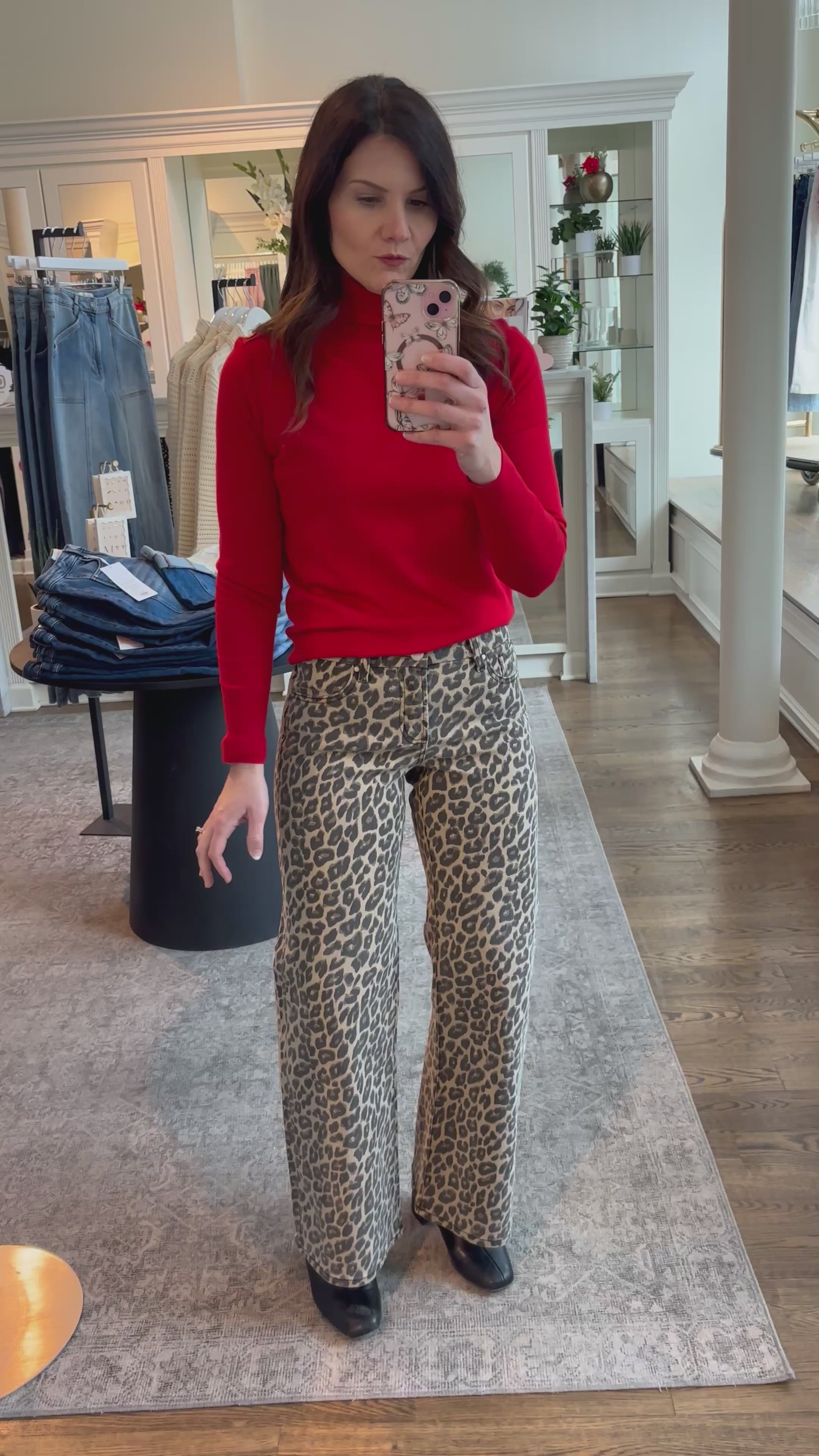 RISEN Mid Rise Leopard Wide Leg Jeans