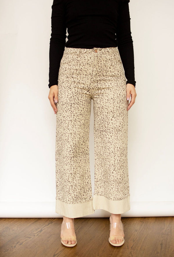 Ecru Print Wide Leg Cuffed Ankle Jeans