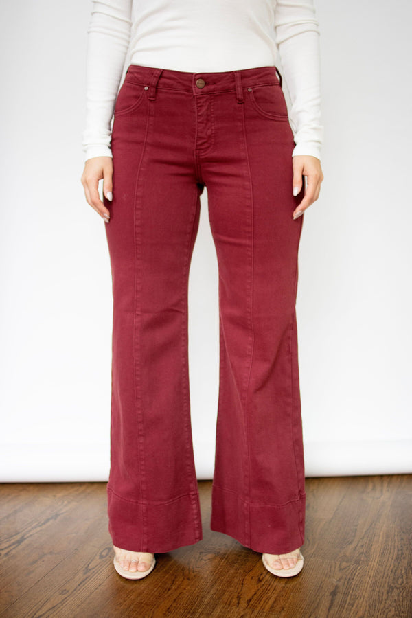 RISEN Tummy Control Wine Mid Rise Wide Leg Jeans